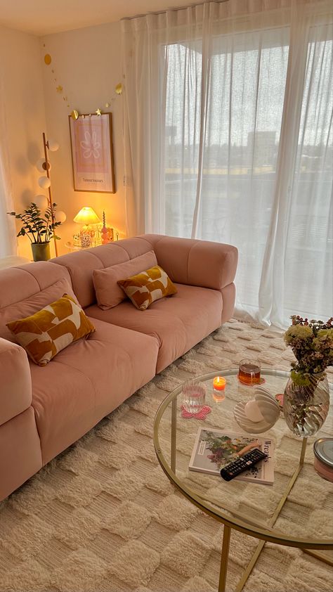 Pink Sofa Couch, Pink Couch Rug, Leather Couch Pink Rug, Bookshelf Pink Aesthetic, Cute Round Coffee Table, Pink Velvet Couch Aesthetic, Bedroom Coffee Table Ideas, Checkered Rug Aesthetic Bedroom, Pink Cosy Living Room