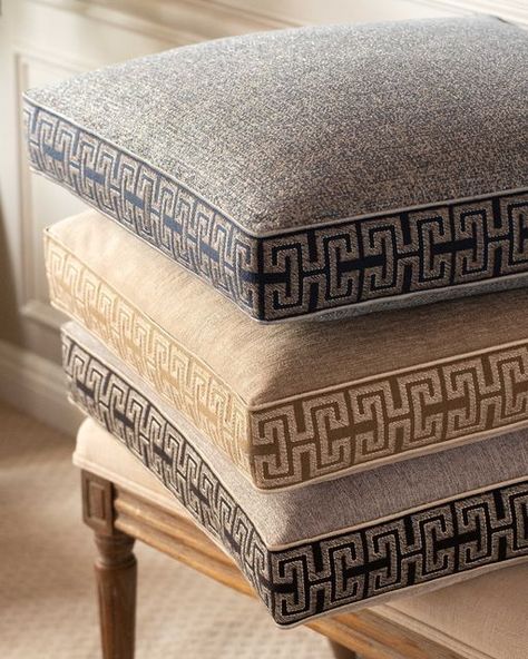 Upholstery Trends, Corner Sofa Design, Samuel And Sons, Sofa Bed Design, Bantal Sofa, Greek Key Pattern, Custom Cushions, Comfy Chairs, Marble Colors