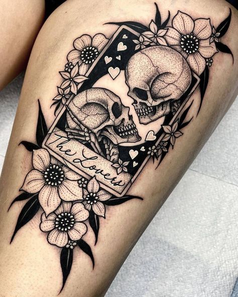 Skulls and Skeletons 💀🦇🦴 on Instagram: “The Lovers Tarot Tattoo 🖤💀 Tag someone 🖤 Art work from @angeloparente ·⠀ . . . . . . . . . . #gothgoth #gothgirl #gothstyle #gothmodel…” Emo Tattoo Sketch, Nature Tattoos Neo Traditional, Tara Cards Tattoo, Fantasy Shoulder Tattoo, Skulls In Love Tattoo, Wiccan Sleeve Tattoos For Women, Women Forearm Cover Up Tattoo, Top Of Hand Tattoos For Women Unique, Stay In The Present Tattoo