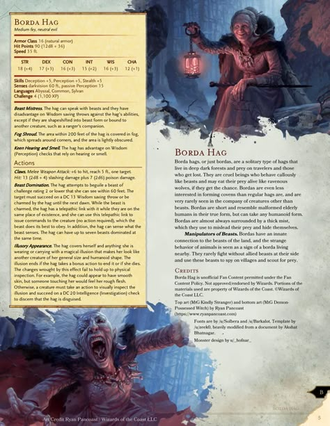 Borda Hag - Horrid Mistress of Beasts (Revised/Final) : UnearthedArcana Dnd Enemies, 5e Monsters, Homebrew Monsters, Dnd Creatures, Dnd Monster, Monster Manual, Dnd Stats, Dungeon Master's Guide, Dungeons And Dragons 5e