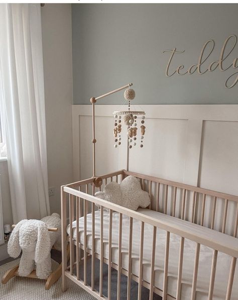 Blue Wall Panelling Nursery, Neutral Nursery With Accent Wall, Bead Board Nursery Boy, Waynes Coating Wall Ideas, Beadboard Nursery Wall, Wall Paneling Nursery, White And Beige Nursery, Nursery Panelling Wall, Nursery With Grey Crib