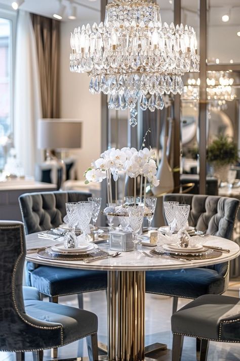 Glamorous Dining Room: Crystal Accents Modern Glam Dining Room, Transitional Dining Rooms, Glamorous Dining Room, Glam Room Decor, Glam Dining Room, Glam Dining, Starburst Chandelier, Traditional Eclectic, Transitional Dining Room