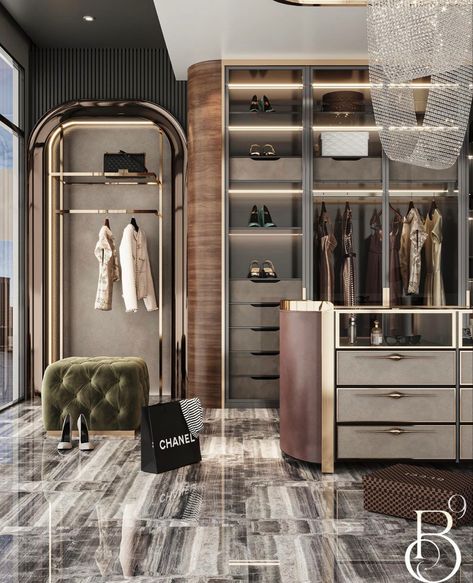 Mansion Wardrobe, Walk In Wardrobe Ideas Master Bedrooms, Wardrobe Island, Luxurious Dressing Room, Interior Design Luxury Modern, Stylish Room Decor, Fancy Bedroom, House Closet, Architecture Set