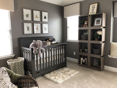 Grey Crib Nursery Ideas, Dark Grey Crib Nursery, Nursery Ideas Elephant Theme, Nursery Ideas With Grey Crib, Neutral Gray Nursery, Nursery Ideas Gray Crib, Grey Crib Nursery Boy, Office And Baby Room Combo, Grey Nursery Ideas Neutral