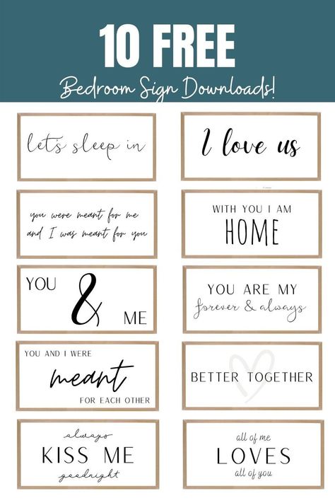 Get 10 FREE bedroom sign downloads for your 44x22 custom Smallwoods frame! Upload your favorite to their site and create a beautiful piece above your headboard! https://simplylovelyliving.com/free-bedroom-sign-downloads/ Printables | Words Signs | Wall Art | Poster | Canvas | Black | White | Budget | Couples | Master Bedroom | Modern Farmhouse | Ideas | Home | Quotes | Let’s Sleep In | I Love Us | Better Together | You | Me | Meant For Each Other | Forever | Always | Kiss Me Goodnight Quotes For The Bedroom Wall, Farmhouse Quotes Free Printable, Bedroom Quote Wall, Beauty Signs Wall Art, Signs For Couples Bedroom, Free Printable Wall Art Bedroom Couple, Always Kiss Me Goodnight Svg Free, Couples Bedroom Signs, Quotes For Bedroom Wall Decoration