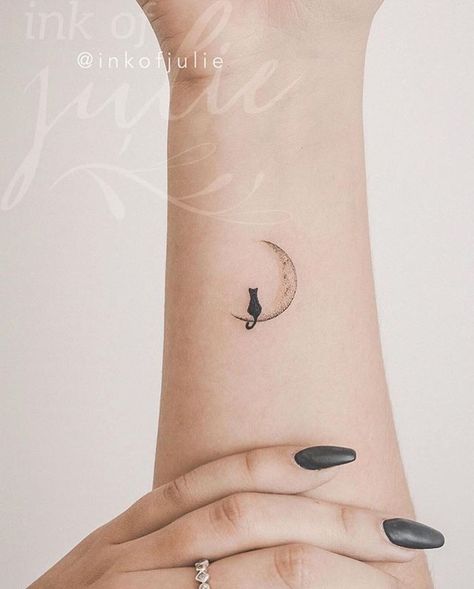 Sitting On The Moon Tattoo, Small Aesthetic Tattoos, Small Cat Tattoo, Unique Animal Tattoos, The Moon Tattoo, Animal Tattoos For Women, Cat Tattoo Design, Sitting On The Moon, Aesthetic Tattoos