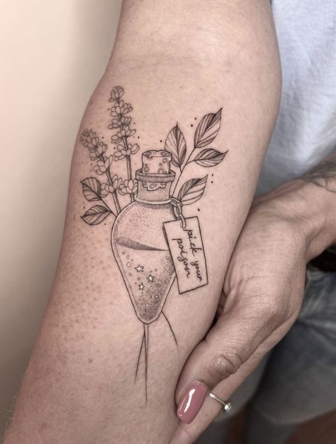 Witchy Feminine Tattoos, Apothecary Tattoo Sleeve, Immunity Tattoo, Flower In A Jar Tattoo, Health Potion Tattoo, Poison Tattoo Ideas, Poison Flowers Tattoo, Pretty Little Poison Tattoo, Glass Jar Tattoo