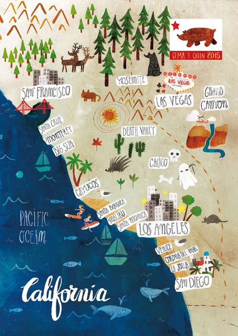 Illustrated map of California on Behance Map Of California, San Francisco Map, California Map, California Travel Road Trips, Pacific Coast Highway, California Love, California Dreamin', California Dreaming, Illustrated Map