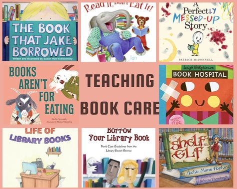 Books recommendations for teaching kindergartens how to take care of library books. Pre K Library Activities, Library Book Care Lessons, Book Care Activities, Preschool Library Center, Book Care Lessons, Book Hospital, School Library Lessons, Kindergarten Library, Library Orientation