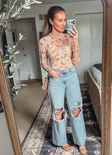 Floral Mesh Top Outfit, Floral Bodysuit Outfit, Extra High Waisted Jeans, Amazon Bodysuit, Floral Top Outfit, Mesh Top Outfit, Angela Lanter, Floral Mesh Top, Daisy Jones And The Six