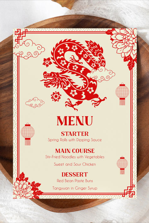 Elevate your Lunar New Year feast with our Chinese Menu Template. Featuring a symbolic dragon design for the Year of the Dragon in 2024, this printable template adds a touch of tradition to your Chinese-themed celebration. Create a captivating and festive menu with this stylish and customizable design. Instantly download for a quick and easy addition to your Lunar New Year festivities. Make your menu as memorable as the celebration itself! China Party Theme, Chinese New Year Menu Design, Traditional Chinese Design, Asian Restaurant Menu Design, China Themed Party, Japan Menu Design, 2024 Dragon Year, Chinese Restaurant Menu Design, Chinese Theme Party