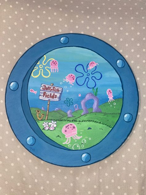 Circle Canvas Painting Spongebob, Spongebob Round Canvas, Rounded Canvas Painting, Things To Paint On A Round Canvas, Painting For Round Canvas, Cute Paintings On Circle Canvas, Round Drawing Ideas, Things To Draw In A Circle, Spongebob Circle Painting