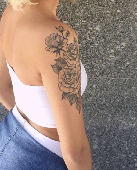 Rose Tattoo On Upper Arm, Side Upper Arm Tattoos For Women, Upper Arm Rose Tattoos For Women, Rose Tattoo Upper Arm, Upper Arm Tattoo Women, Top Arm Tattoo, Shoulder And Upper Arm Tattoos For Women, Tattoos For Women Rose, Shoulder Tattoos Women