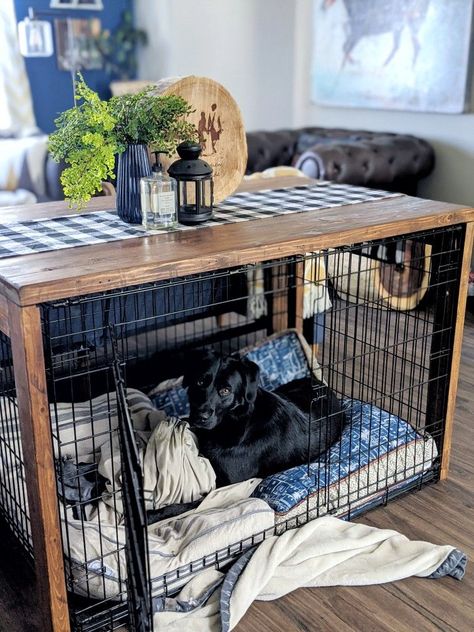 Dog Kennel Ideas Indoor Apartment, 42 Inch Dog Crate Table, Dog Cage In Living Room, Two Dog Kennel Furniture, Build Table Over Dog Crate, Dog Set Up In Small Apartment, Apartment With Dog Ideas, Dog Kennel Table Diy, Kennel Table Diy