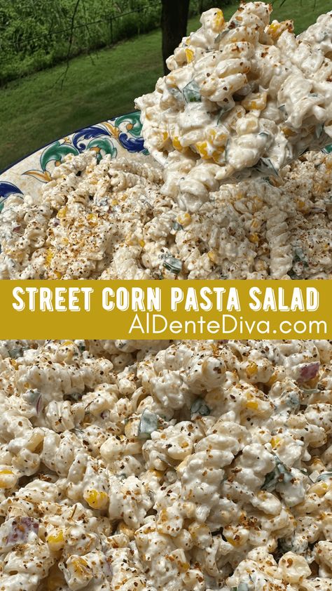 STREET CORN PASTA SALAD Cajun Pasta Salad Cold, Pasta Salad Recipes With Spaghetti, Sweet Corn Pasta Salad, Easy Cold Pasta Salad Recipes, Pasta With Corn, Street Corn Pasta Salad, Street Corn Pasta, Corn Pasta Salad, Unique Side Dishes