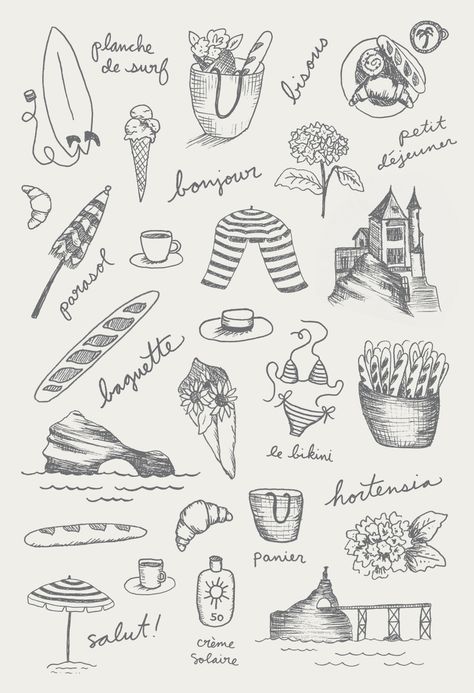 Biarritz Sketches For Billabong Womens French Flashcards Small France Tattoo, Tattoos To Get In France, French Aesthetic Drawing, Belgian Tattoo Ideas, Study Abroad Tattoo Ideas Italy, South Of France Illustration, Paris Tattoo Ideas France, Tiny French Tattoo, France Aesthetic Drawing