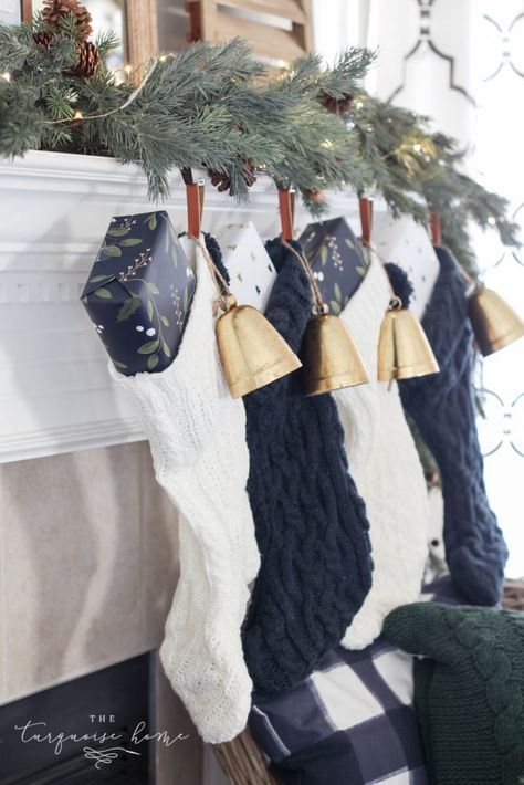 Black And White Stockings, Simple Christmas Mantel, Simple Mantel, Blue Christmas Stocking, A Simple Christmas, Christmas Mantel Decor, Navy Decor, Christmas Simple, Christmas Color Palette