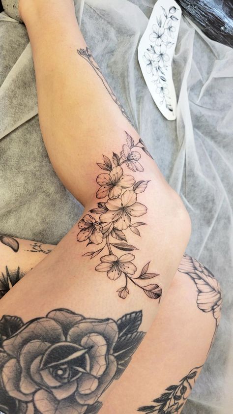 Watermelon Tattoo, Upper Thigh Tattoos, Realistic Flower Tattoo, Upper Back Tattoos, Tattoos To Cover Scars, Scar Tattoo, Tattoos For Women Flowers, Vine Tattoos, Leg Tattoos Women