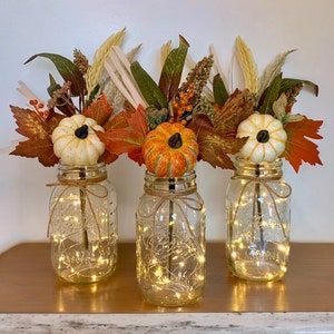 Fall Decor Table Centerpiece, Farmhouse Home Decor, Rustic Home Decor - Etsy Canada Fall Mason Jar Centerpieces, Fall Wedding Decor, Warm White Fairy Lights, Fall Mason Jars, Lighted Centerpieces, White Fairy Lights, Fall Table Centerpieces, Tafel Decor, Jar Centerpieces