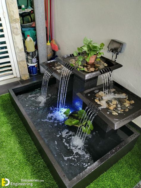 30 Creative Water Fountain Ideas for Your Home Check more at https://zugnews.com/30-creative-water-fountain-ideas-for-your-home/ Water Body Landscape Design, Diy Water Fountain Indoor, Indoor Fountain Ideas, Fountain In Garden, Water Fountain Ideas, Resin Fountain, Waterfall Landscaping, Water Fountain Design, Fountain Ideas