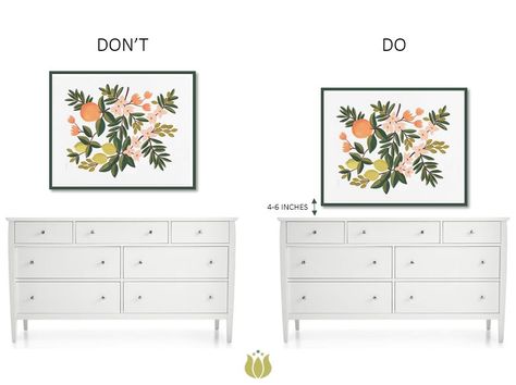 DO'S & DON'TS OF ART HANGING Bedroom Pictures Above Bed, Restoration Hardware Art, Above Dresser, Pictures Above Bed, Art Questions, Low Dresser, Art Placement, Gallery Wall Layout, Hang Art