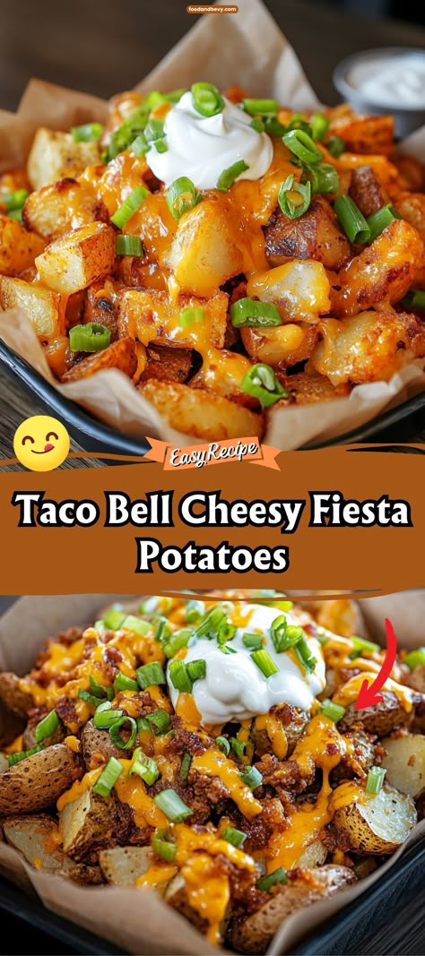 Recreate the fan-favorite Taco Bell Cheesy Fiesta Potatoes at home! This recipe features crispy, golden potatoes smothered in a creamy nacho cheese sauce and topped with a dollop of sour cream. They're the perfect spicy and cheesy treat for any snack or side dish. #CheesyFiestaPotatoes #TacoBellAtHome #SnackTime Taco Bell Nachos Recipe, Mexican Potato Skins, Crockpot Mexican Potatoes, Cheesy Mexican Potatoes, Mexican Cheesy Potatoes, Potato Mexican Recipes, Cheesy Potato Burrito, Taco Bell Pintos And Cheese Copycat, Taco Night Appetizers