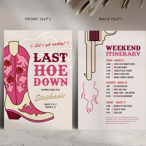 AVAILABLE AT ETSY — CLICK TO DOWNLOAD —  Nashville Bachelorette Last Hoe Down Invitation Template | Last Rodeo, Let's Get Nashty, Modern Western, Country, Cowgirl | 2023 Western Theme Hens Party, Cowgirl Bachelorette Party Invitations, Nashville Bachelorette Party Itenary, Bachelorette Party Hoedown, Bachelorette Party Themes For Nashville, Nashville Bachelorette Invitations, Nashville Bachelorette Party Invitations, Last Rodeo Bachelorette Party Invite, Bachelorette Theme Ideas Nashville