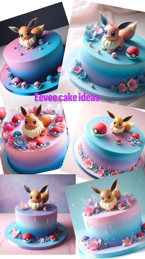 Cake ideas with Eevee pokemon and pastel tones Simple Pokemon Cake Ideas, Eevee Pokemon Cake, Evee Pokemon Cake, Eevee Cake Ideas, Easy Pokemon Cake Ideas, Eevee Birthday Cake, Eevee Birthday Party Ideas, Girl Pokemon Birthday Party, Eevee Birthday Party