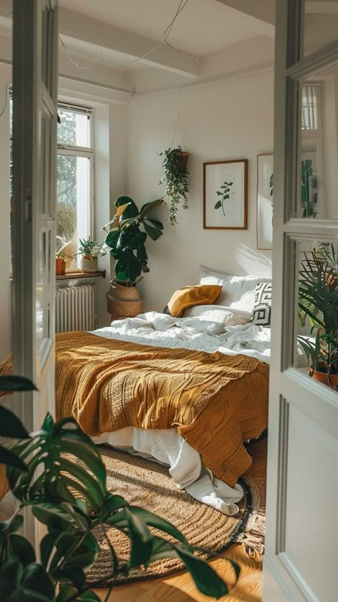 Studio Boho Decor, Earth Apartment Decor, Terracotta Bedroom Aesthetic, Tulum Style Bedroom, Apartment Aesthetic Cozy Bedroom, Sunny Bedroom Aesthetic, Tiny Bedroom Ideas For Women, Bedroom With Plants Aesthetic, Tiny Home Bedroom Ideas