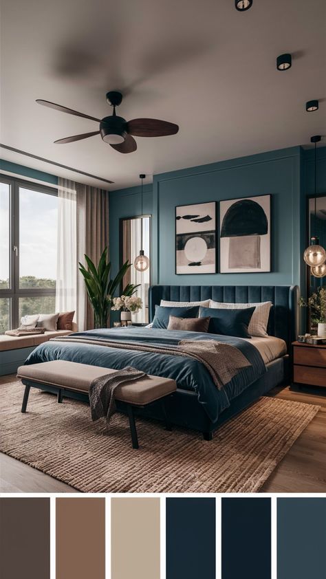 Aesthetic Color For Room, Cozy Wall Colors Bedroom, Dark Blue Rooms Ideas, Blue And Dark Wood Bedroom, Aesthetic Blue Bedroom Ideas, Dark Blue Bedroom Design, Dark Room Color Ideas, Cozy Colors For Bedroom, Navy Furniture Bedroom