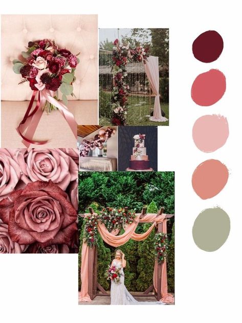 Cinnamon Rose And Sage Green Wedding, Dusty Rose Wedding Theme Color Palettes, Dark Red And Rose Gold Wedding, Raspberry And Sage Wedding, Dusty Rose Green Wedding, Maroon Pink And Green Wedding, Sage Green And Burgundy Wedding Decor, Rose Gold And Green Wedding Theme, Deep Pink Wedding Theme