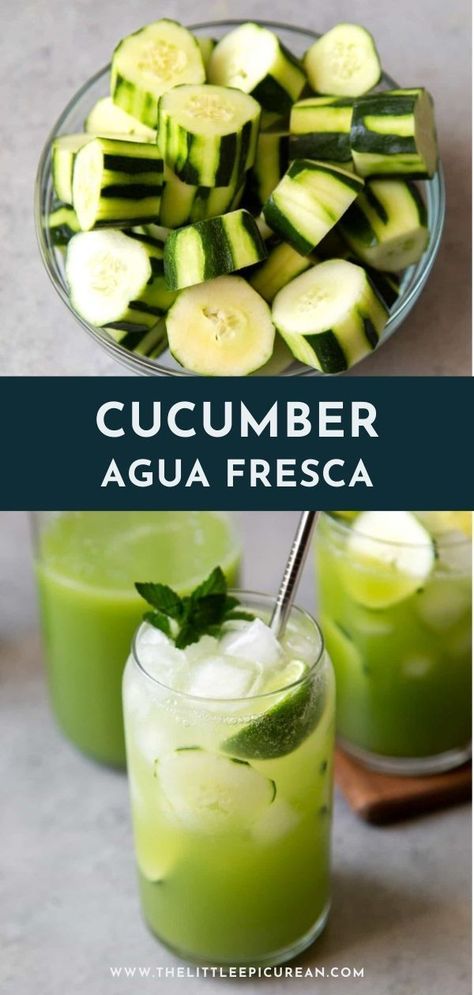 Agua fresca de pepino or cucumber agua fresca is a delicious and refreshing beverage made from fresh cucumbers, citrus juice, water, and a touch of sweetener. Drink this juice as is or top with sparkling water. Mix with alcoholic spirit of choice to make fresh cocktail! Cantaloupe Agua Fresca Recipe, Cucumber Agua Fresca, Cucumber Water Recipe, Agua Fresca Recipe, Happy Hour Food, Cucumber Water, Cucumber Juice, Citrus Juice, Agua Fresca