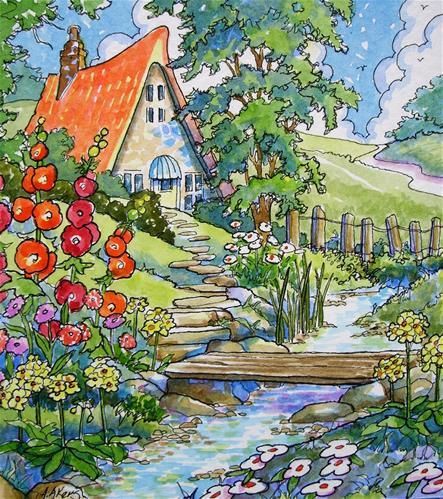 Tranquil Cottage Storybook Cottage Series" - by Alida Akers Stream Watercolor, Alida Akers, Cottage Illustration, Cottage Painting, Storybook Art, Canvas For Beginners, Storybook Cottage, Art Mignon, Cute Cottage