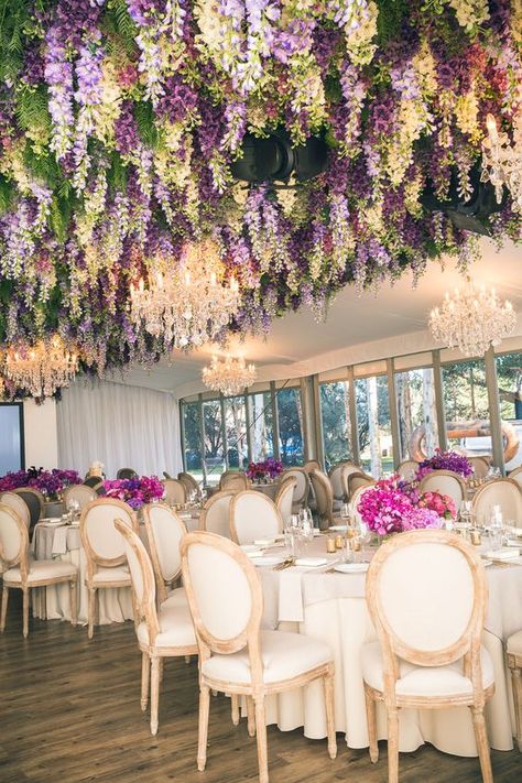 purple wedding reception decor / http://www.himisspuff.com/wedding-flower-decor-ideas/10/ Lupine Wedding, Flowers Hanging From Ceiling, Hanging Flowers Wedding, Hanging From Ceiling, Flower Ceiling, Wedding Ceiling, Flowers Hanging, Rustic Wedding Decorations, Hanging Flowers