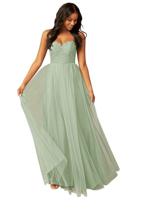 Roni is our stunning bridesmaid dress crafted from tulle. She features a strapless sweetheart neckline leading to a V-back. The look is complete with a gathered A-line skirt. Maid Of Honor Sage Green Dress, Wedding Bridesmaid Dresses Sage Green, Soft Green Bridesmaid Dresses, Bridgerton Bridesmaid Dresses, Pastel Green Bridesmaid Dress, Fairy Bridesmaid Dresses, Sage Green Gown, Green Bridesmaids Dress, Dusty Sage Bridesmaid Dress