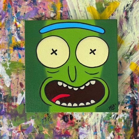 Rick And Morty Canvas Painting Easy, Pickle Rick Painting Canvas, How To Draw Rick And Morty Step By Step, Rick And Morty Painting Acrylic, Paintings Rick And Morty, Small Square Canvas Painting Ideas Easy, Easy Big Paintings, Easy Rick And Morty Painting, Mini Painting Ideas On Canvas