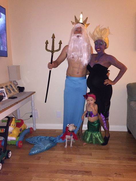 King Triton, 6 months pregnant Ursula, Ariel and Sebastian Pregnant Ursula Costume, Mermaid Family Costume, Little Mermaid Family Costume, Triton Costume, King Triton Costume, Ariel And Sebastian, Flounder Costume, Mermaid Family, Ursula Costume