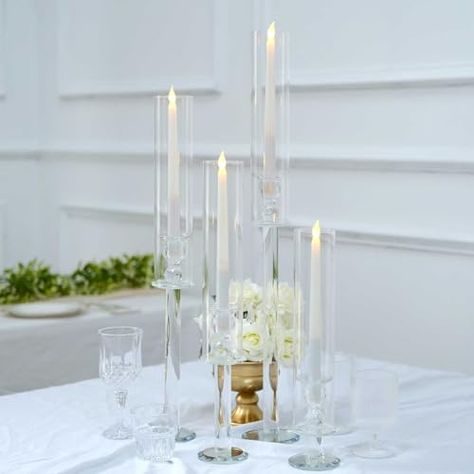 Glass Taper Candle Holders, Clear Glass Candle Holders, Clear Candles, Candle Wedding Centerpieces, Small Candle Holders, Candle Holders Wedding, Candleholder Centerpieces, Crystal Candlesticks, Large Candle Holders