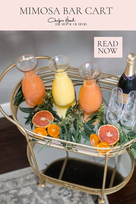 Mimosa Bar Cart, Brunch Ideas At Home, Engagement Brunch, Bridesmaid Brunch, Ladies Brunch, Mom-osa Bar, Brunch Decor, Diy Mother's Day, Gold Bar Cart