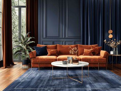 Moody Interior Design Living Rooms, Navy And Burnt Orange Living Room, Blue And Copper Living Room, Orange Velvet Sofa, Blue And Orange Living Room, Burnt Orange Living Room, Moody Interior Design, Copper Living Room, Moody Living Room