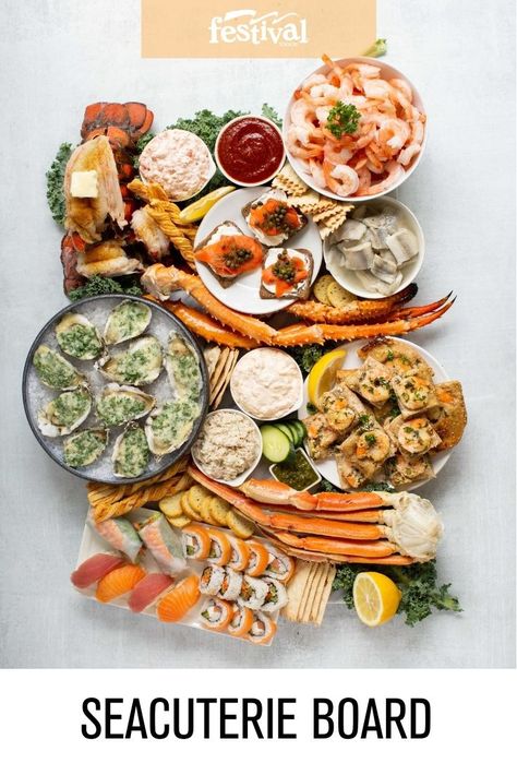 All your favorite seafood items on one delicious board! #charcuterie #seafood #fish Seafood Boards For Parties, Seafood Platter Ideas Dinners, Sea Food Charcuterie Board, Lobster Charcuterie Board, Sea Food Platter Ideas, Fish Charcuterie Board Ideas, Seafood Tower Recipes, Charcuterie Board Fish, Cajun Charcuterie Board