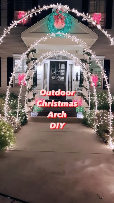 Pvc Holiday Arches, Outdoor Walkway Christmas Decor, Diy Christmas Sidewalk Arches, Lighted Arches Christmas, Outdoor Christmas Arch Ideas, Diy Driveway Arch Christmas Lights, Diy Christmas Light Arch, Pvc Arch Diy Christmas, Pvc Arch Christmas