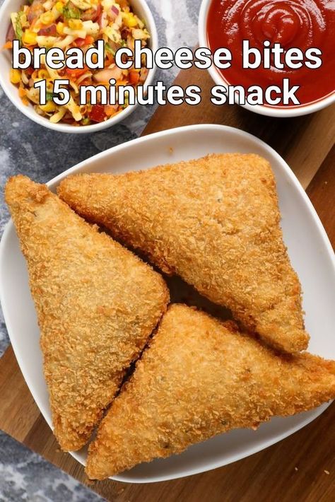 bread cheese bites recipe | cheese bread triangles | cheese bread bites with step by step photo and video recipe. bread-based snacks recipes are always a popular tea time snack appreciated by all age groups. generally, these are mixed or powdered to mix with other ingredients or flours, but can also be used to deep fry and make a crisp snack out of it. one such easy and simple bread-based snack recipe is the bread cheese bites recipe known for its crisp and crunchy texture. Cheese Bites Recipe, Bread Bites, Spicy Snacks Recipes, Snacks Appetizers, Bread Cheese, Pakora Recipes, Tandoori Masala, Breakfast Recipes Indian, Tastemade Recipes