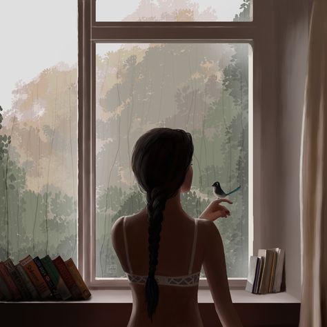 #digital painting #bird #girl #window #realistic #photoshop #rainy #fog #nature Graphic Tablet, Foggy Day, Photoshop Cc, Two Birds, Small Birds, Rainy Day, Digital Painting, A Girl, Digital Art