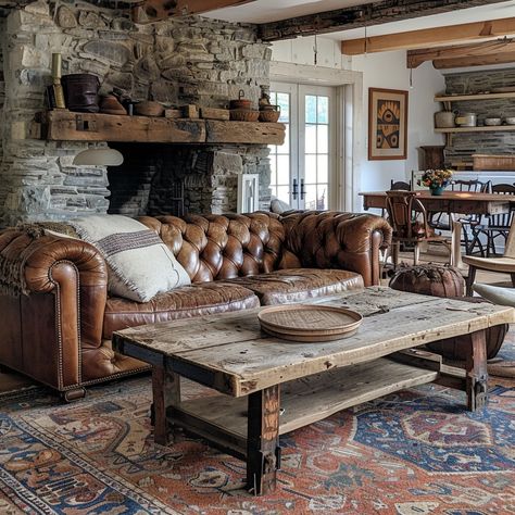 #Cozy #rustic interior: #Vintage #leather sofa and #rustic wooden table enhance the warm, #cozy feel of this charming stone-walled room. #interior #rustic #cozy #vintage #leather #aiart #aiphoto #stockcake ⬇️ Download and 📝 Prompt 👉 https://stockcake.com/i/cozy-rustic-interior_877684_790037 Santa Fe, Rustic Den Room Ideas, Rustic Modern Cabin Interior, Rustic Western Living Room, Lodge Great Room, Western Style Living Room, Rustic Cabin Living Room, Dakota House, Rustic Lounge