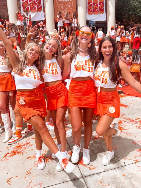 Kd Crushed It Bid Day, Orange Crush Bid Day Theme, Crushed It Bid Day, Orange Bid Day Theme, Uga Sorority, Sorority Costumes, Kappa Delta Bid Day, Sorority Work Week, Rush Week Outfits