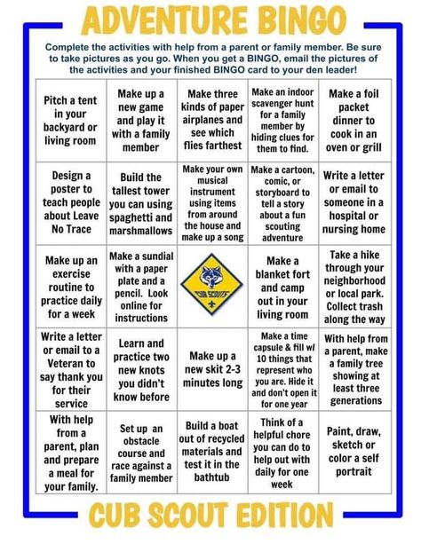 Scout Bingo Card - Scout Share - Where new adventure starts Cub Scout Pack Meeting Ideas, Bear Scout Activities, Wolf Scout Activities, Tiger Cub Scouts Activities, Lion Scouts, Scouting Activities, Cub Scout Games, Boy Scout Activities, Sea Scouts