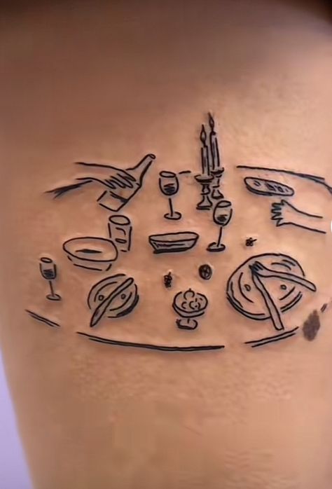 Food Patchwork Tattoos, Tattoos Over The Knee, Restaurant Tattoo Ideas, Cheese Board Tattoo, Soup Can Tattoo, Random Object Tattoo, Clutter Tattoo, Grocery Bag Tattoo, Dinner Table Tattoo