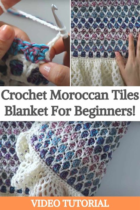 The Moroccan Tile Blanket is warm, cozy, a fast stitch pattern to crochet, and very colorful! One of the best parts of this blanket is that this kind of stitch makes it completely reversible, so you can use it on both sides. The author also added a cute border to give an extra of cuteness with a romantic wise to the blanket. The complete blanket turns out a square that measures around one meter on each side, including the border. If you want to make this exact size shown on the video you'll... Moroccan Tile Stitch Crochet, Crochet Tile Blanket, Moroccan Tile Crochet Blanket, Crochet Reversible Blanket, Moroccan Crochet Blanket, Crochet Moroccan Tile Afghans, Reversible Crochet Blanket Pattern, Moroccan Tile Crochet Patterns, Moroccan Crochet Pattern