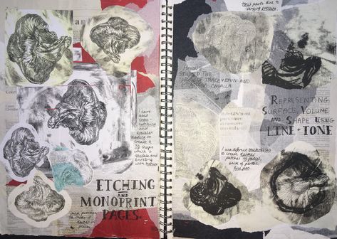 Monoprint Sketchbook Page, Monoprinting Gcse Page, Gcse Art Sketchbook Monoprinting, Gcse Art Monoprinting, Monoprinting Sketchbook Page, A Level Art Themes, Artist Research Page, Gcse Sketchbook, Monoprint Art